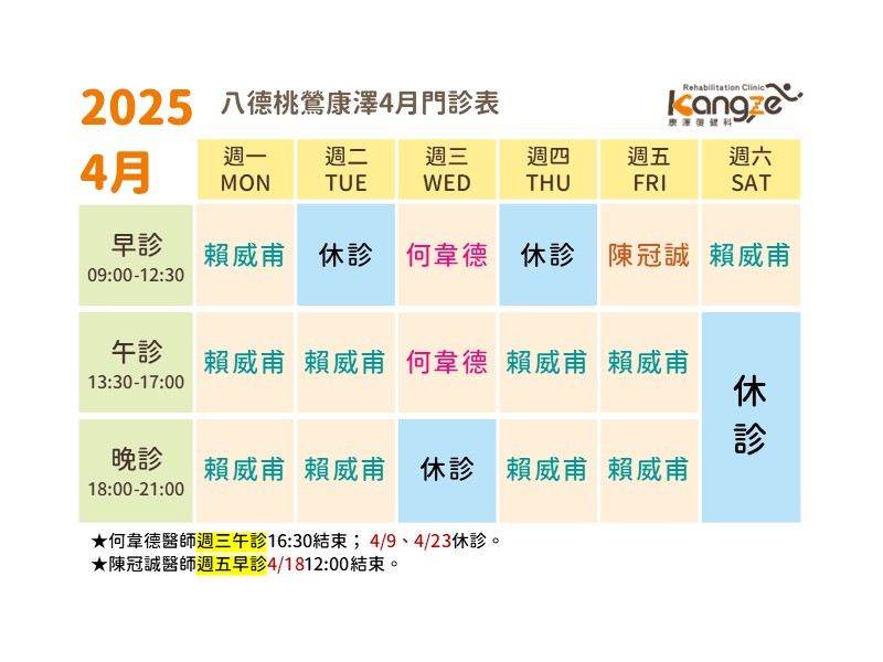 八德桃鶯康澤114年4月診表
