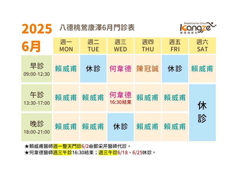 八德桃鶯康澤114年6月診表