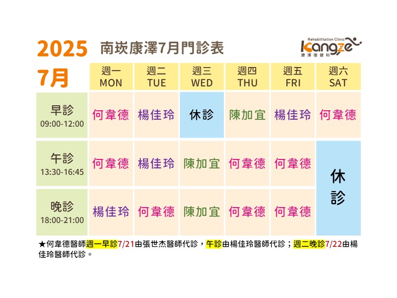南崁康澤114年7月診表