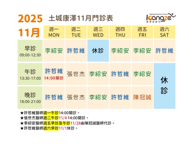 土城康澤114年11月診表